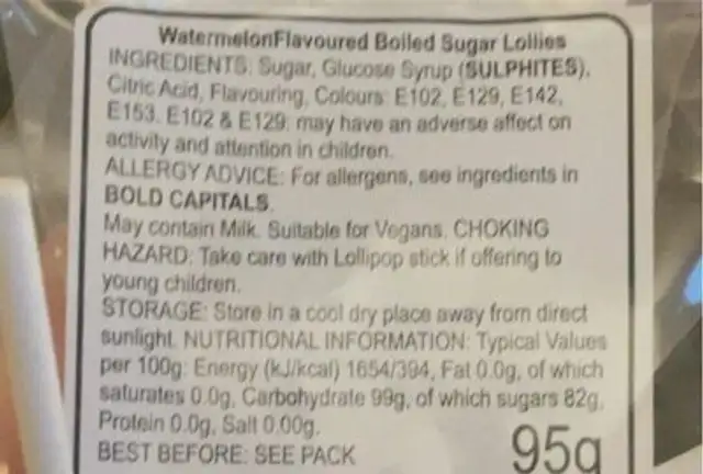 Watermelon lollipops nutrition facts table