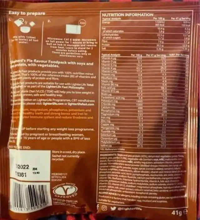 Lighterlife Shepherds Pie nutrition facts table