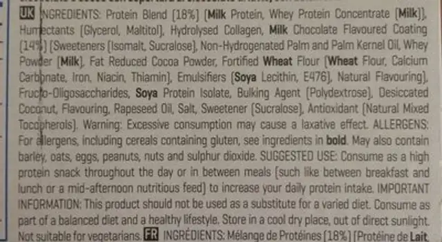 High Protein Bar Chocolate Coconut ingredients label
