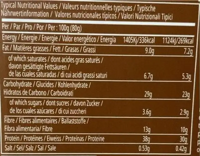 High Protein Bar Chocolate Coconut nutrition facts table