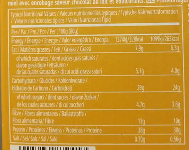 Myprotein High Protein Bar, Vanilla and Honeycomb, 12 X nutrition facts table