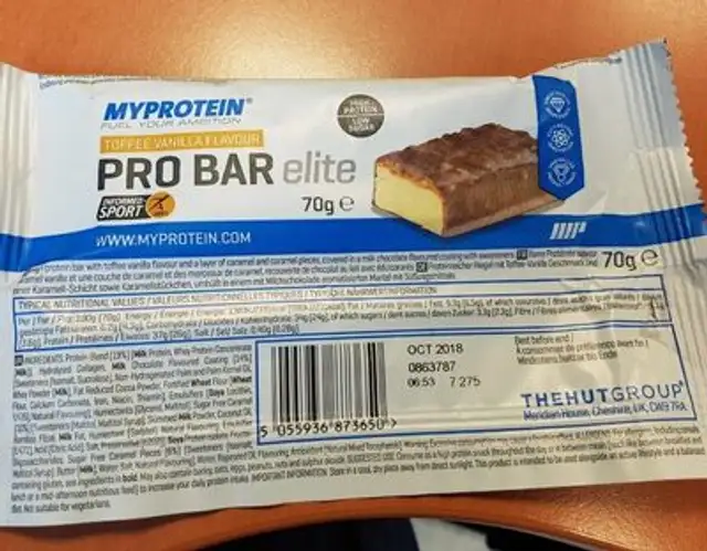 Myprotein Pro Bar Elite, Toffee Vanilla (Sample), 70G front packaging