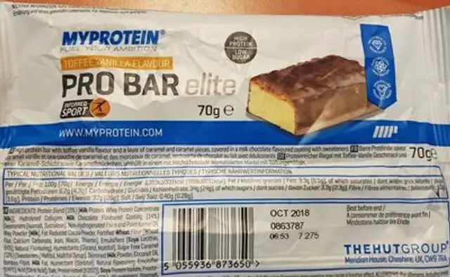 Myprotein Pro Bar Elite, Toffee Vanilla (Sample), 70G ingredients label