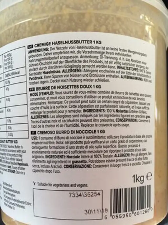 Roasted Hazelnut Butter, Smooth ingredients label