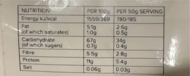 Ultra fine oats nutrition facts table