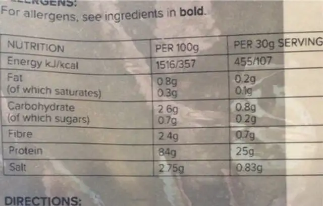 Vanilla Soya Protein Isolate nutrition facts table