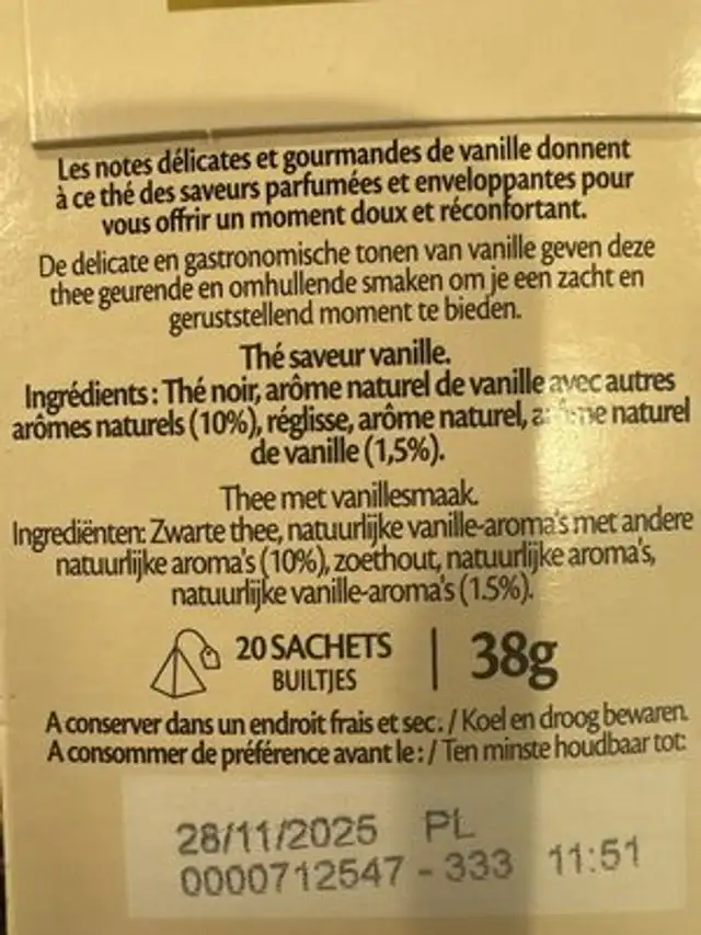 thé saveur vanille ingredients label