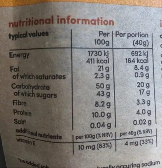 Cacao & Orange Fruit Fusions nutrition facts table