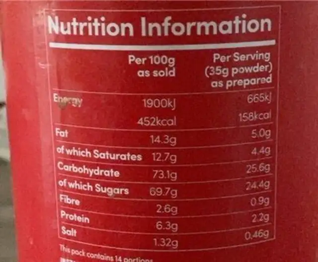 Chocolat en poudre nutrition facts table