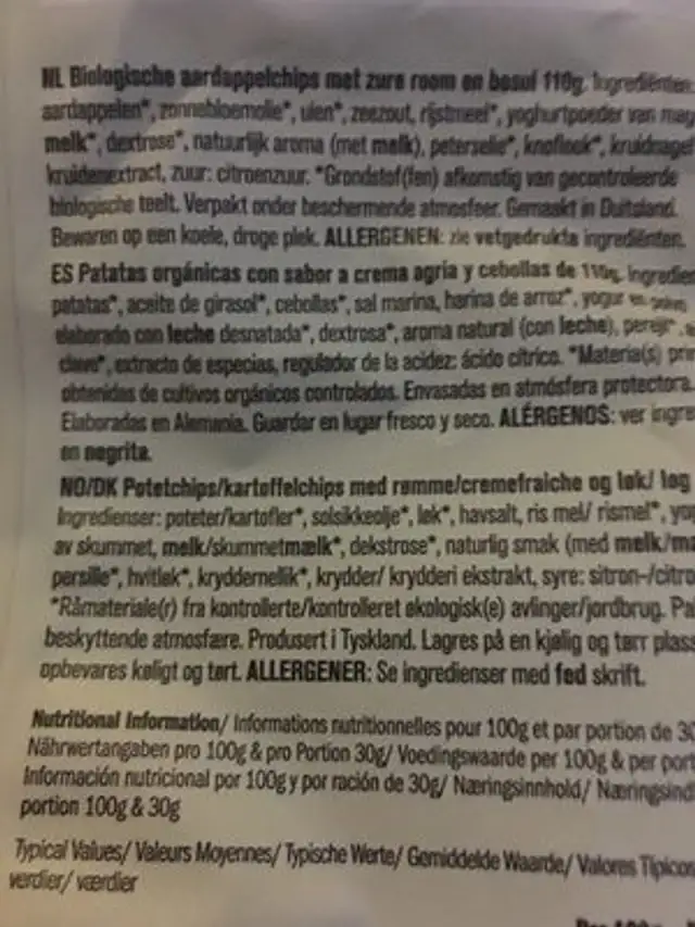 Sour cream & oignon ingredients label