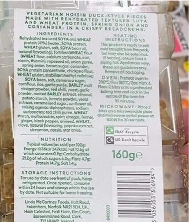 Vegetarian Hoison Duck Bites nutrition facts table