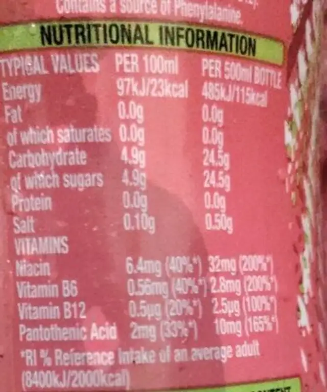 Boost energy red berry nutrition facts table