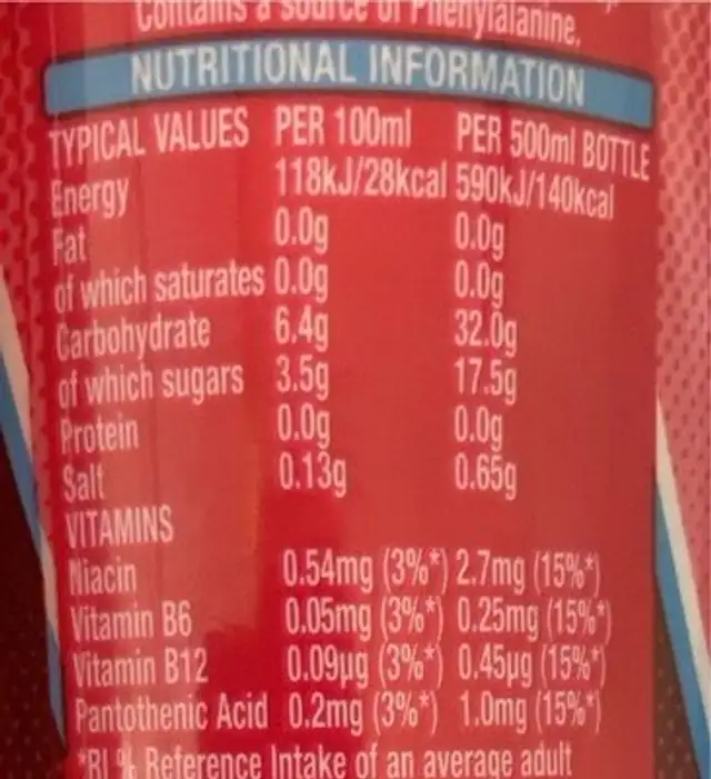 Boost sport nutrition facts table