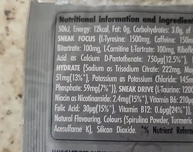 Sneak Neon Punch nutrition facts table