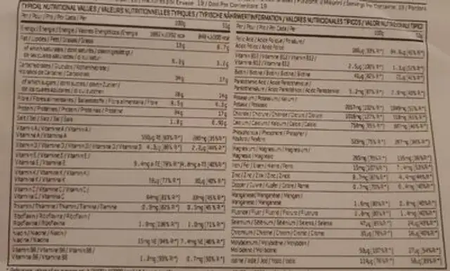Protein meal replacement blend nutrition facts table