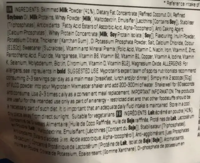 Protein Meal Replacement ingredients label
