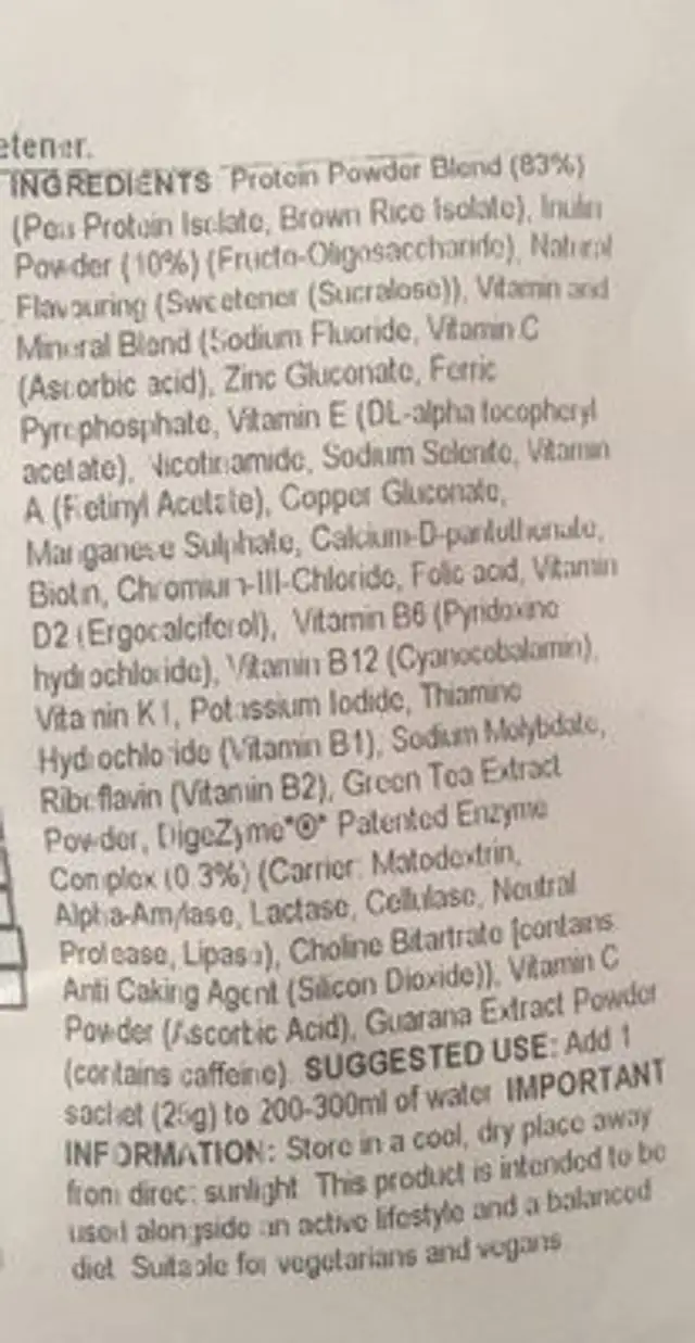 Active Women Vegan Blend, Natural Vanilla ingredients label