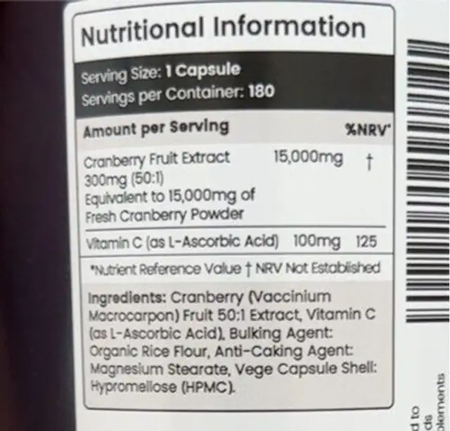 Cranberry with Vitamin C nutrition facts table