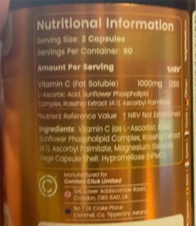 Liposomal Vitamin C nutrition facts table