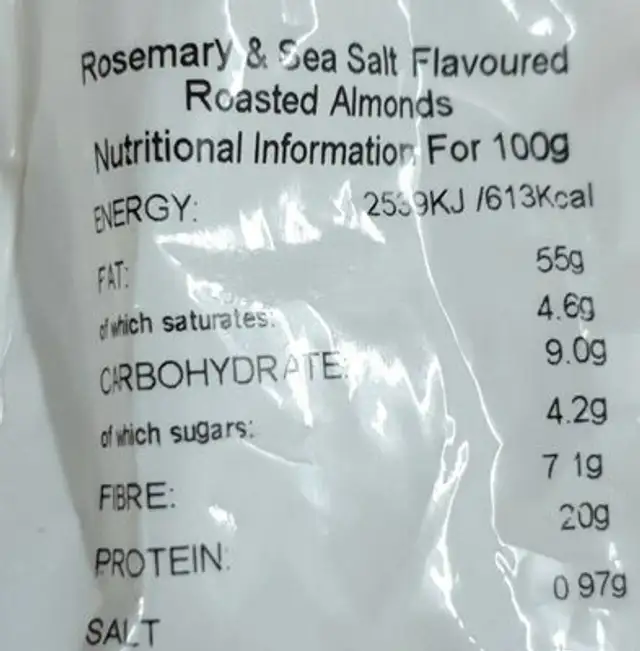 Grape Tree Rosemary and Sea Salt Flavoured Roasted Almonds nutrition facts table