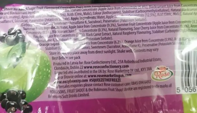 Fruit shoot squeezee ingredients label