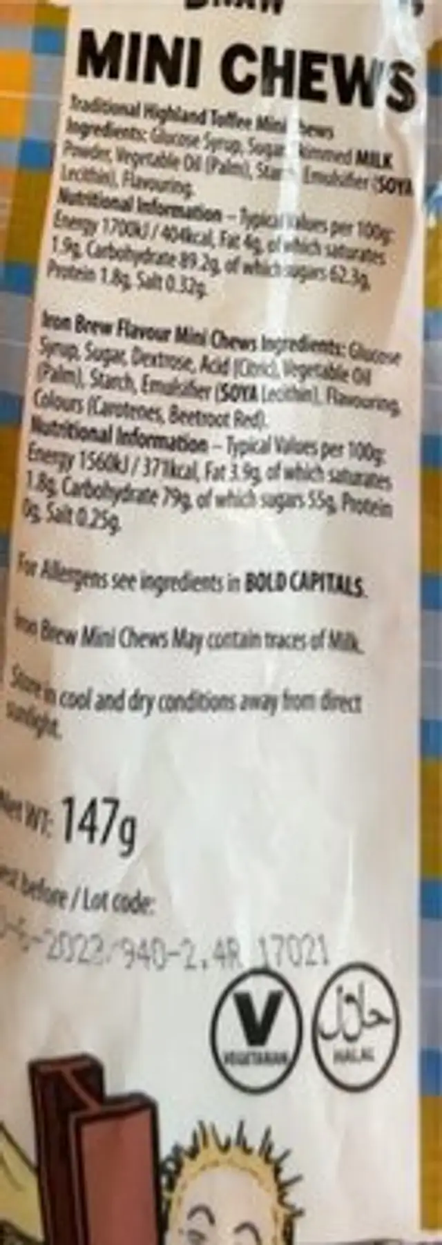 Mini chew nutrition facts table