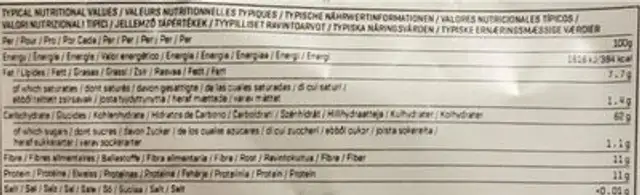 instant oats nutrition facts table