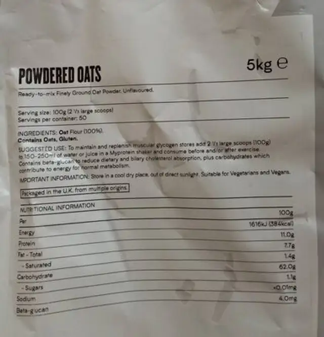 Powdered oats nutrition facts table