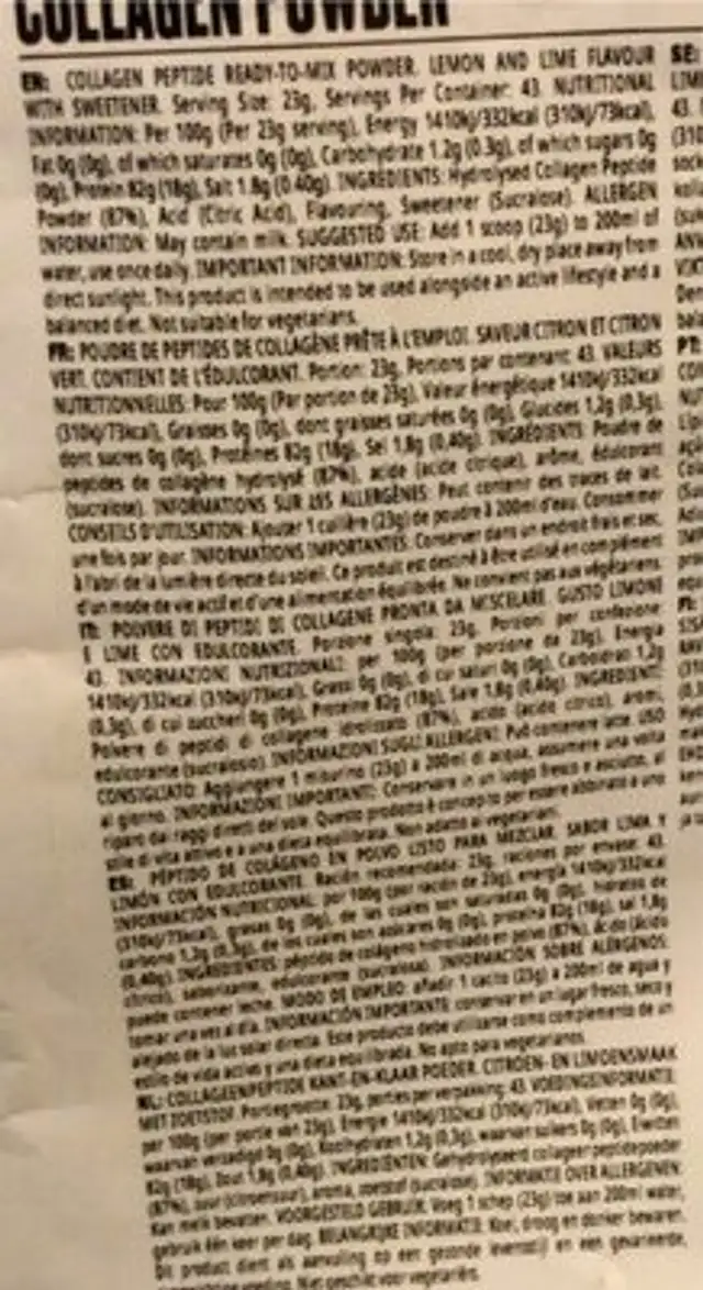 Collagen Powder nutrition facts table