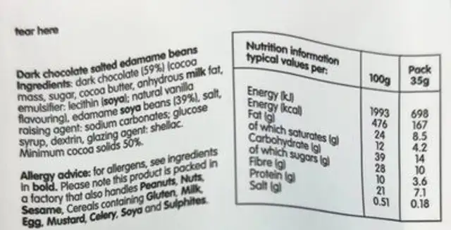 Chocolate Edamame nutrition facts table