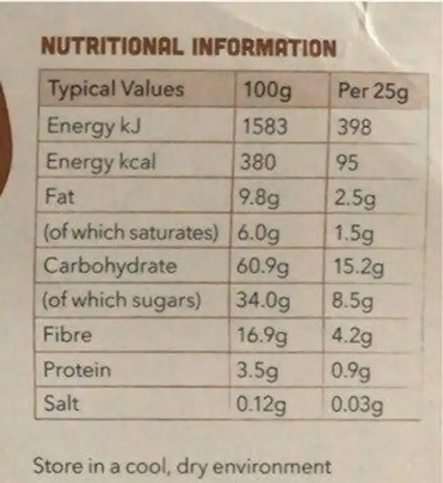Latte & Chocolate Snack Bars nutrition facts table
