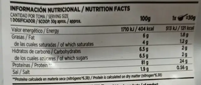 Native whey concentrate nutrition facts table