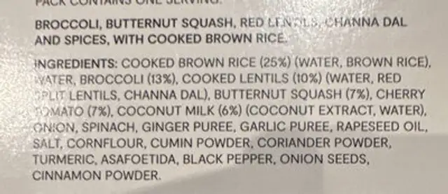 Butternut Squash Dahl ingredients label