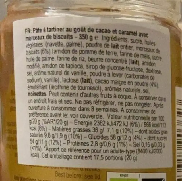 Pate a tartiner ingredients label