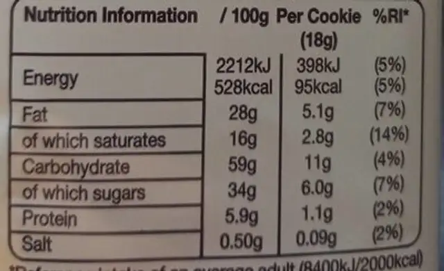 Galaxy Cookies Double Chocolate Chunk nutrition facts table