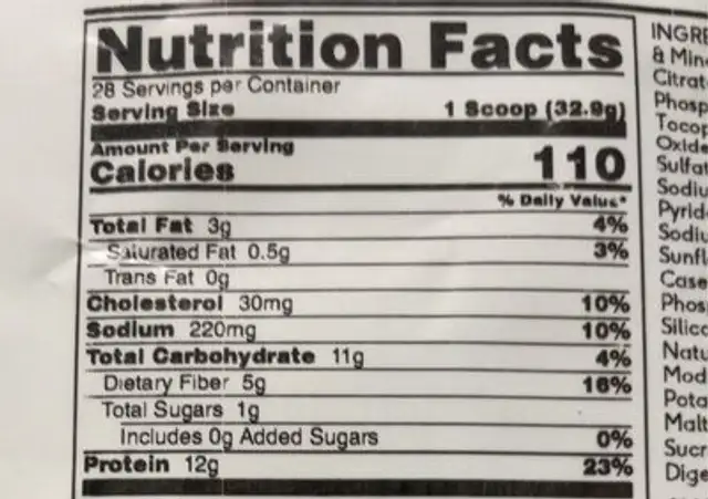 Exante Meal Replacement nutrition facts table