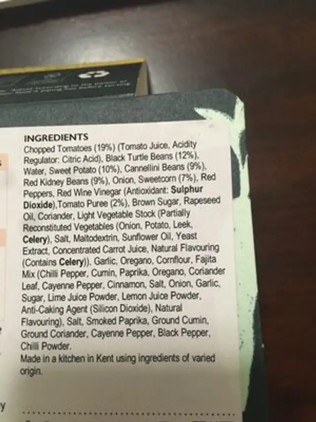 Mexican Three Bean Chilli ingredients label