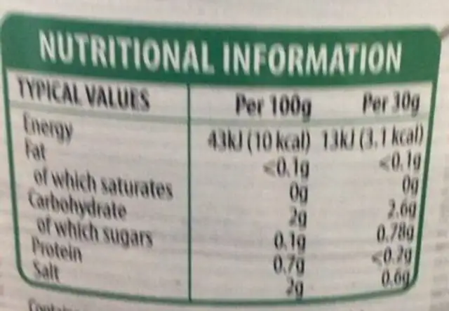 Sauerkraut with carrot nutrition facts table