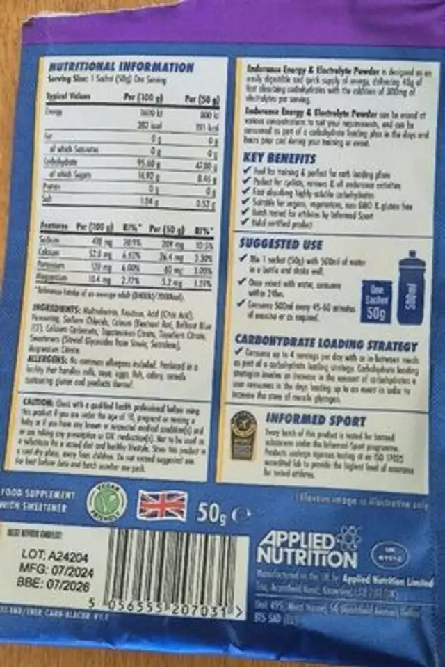 Endurance Energy & Electrolyte (Blackcurrant) nutrition facts table