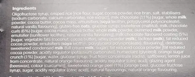 Cherish Me Choc Orange ingredients label