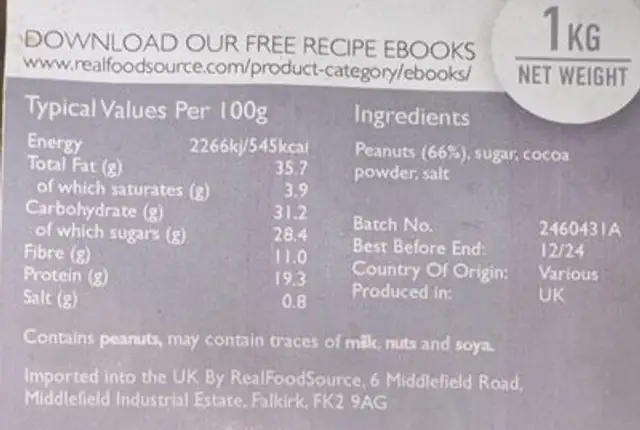 Cocoa Caramel Peanuts nutrition facts table