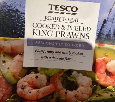 Tesco Cooked and peeled king Prawns front packaging