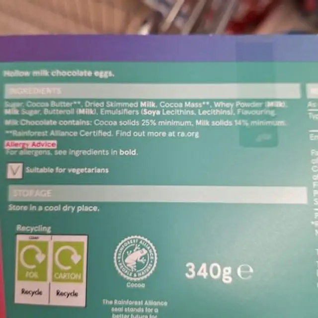 Egg Hunt Basket ingredients label