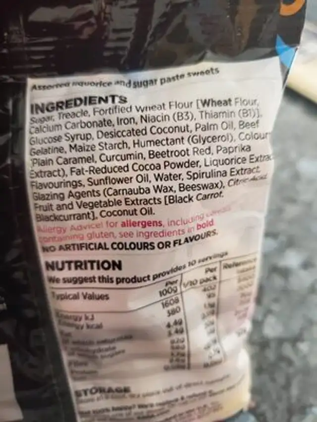Liquorice Allsorts ingredients label