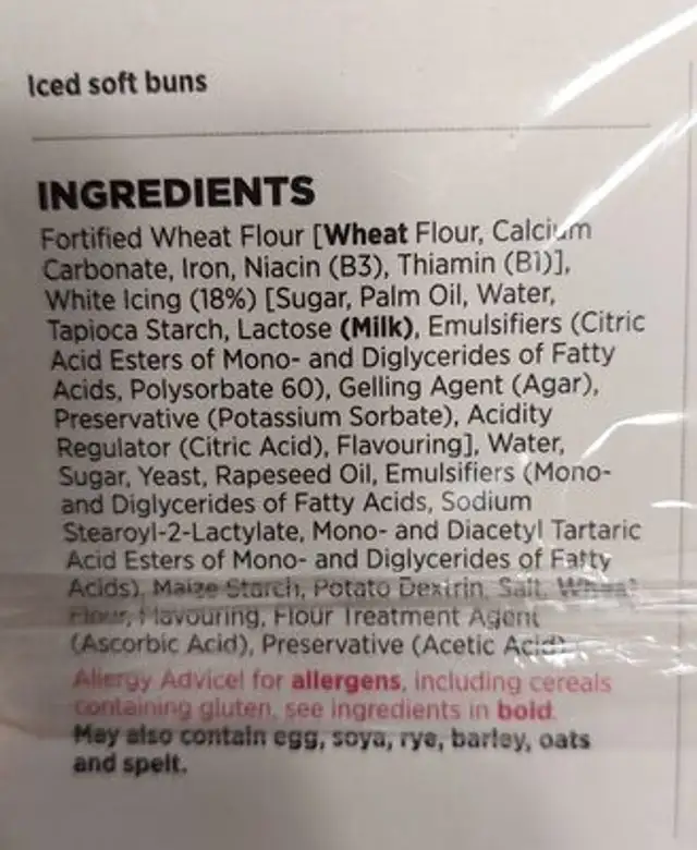 6 Iced Finger Buns ingredients label