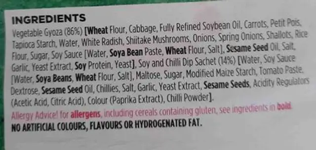 Vegetable Gyoza ingredients label