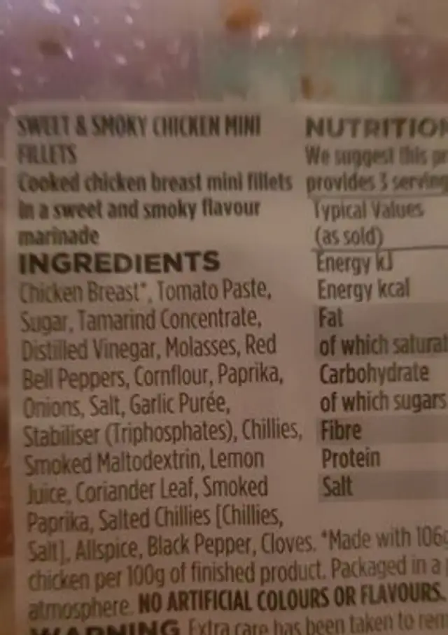 Sweet & spicy chicken mini fillets ingredients label