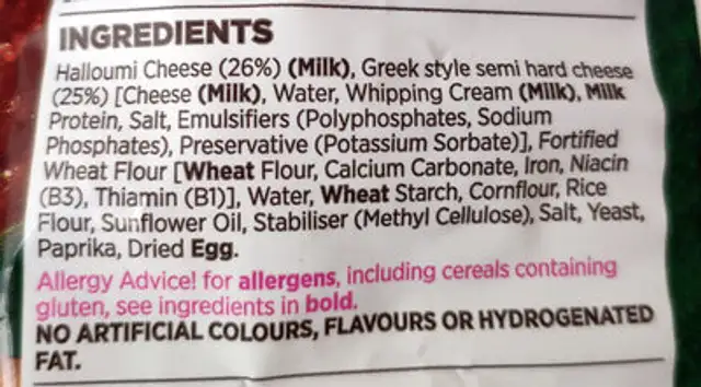 Halloumi popcorn bites ingredients label