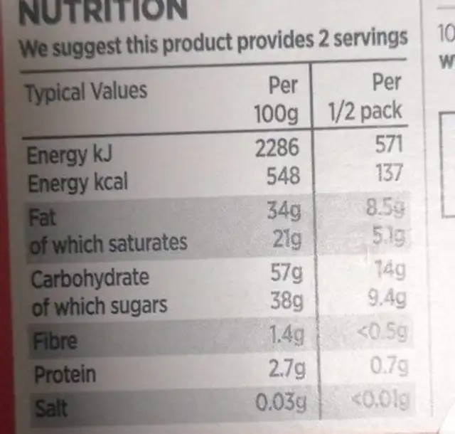 Free from Bruce choc game nutrition facts table