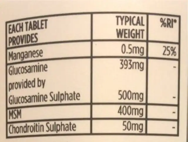 Glucosamine, msm & chrondoitin nutrition facts table